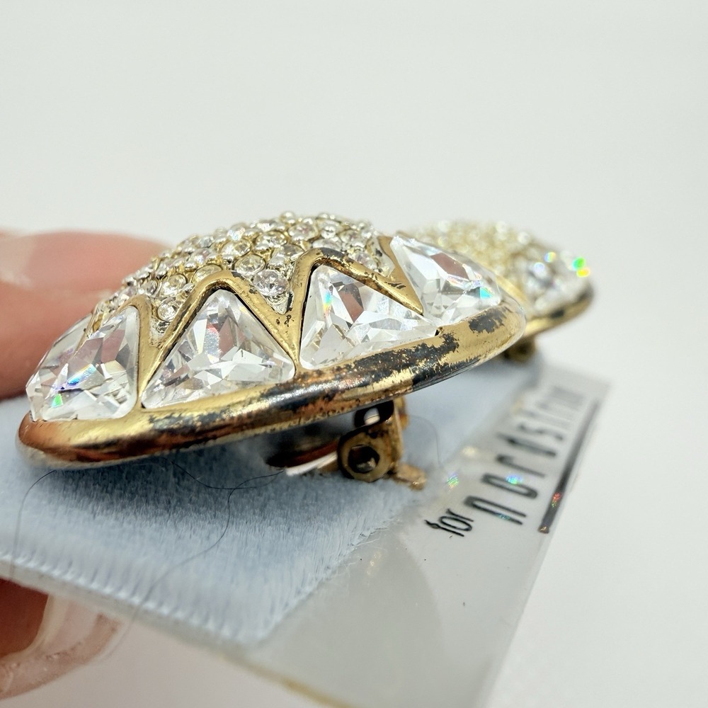 Vintage St. John Gold Tone & Clear Rhinestone Dome Button Clip Earrings READ - Picture 6 of 16
